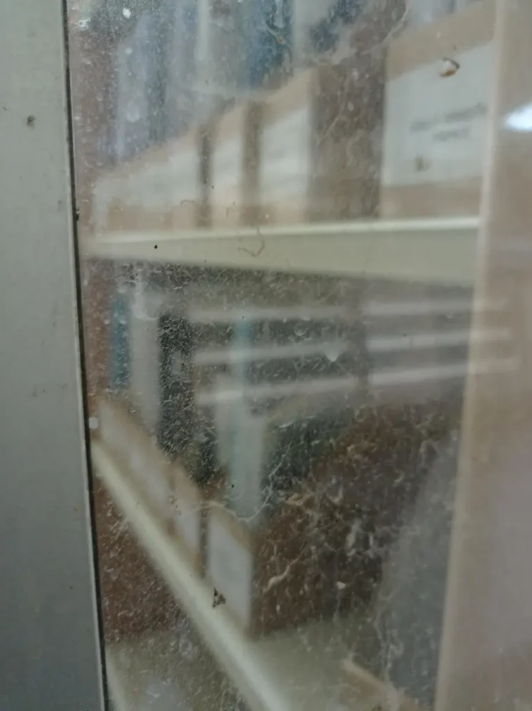 cristal de una ventana muy sucia con polvo y telarañas acumuladas desde hace años.